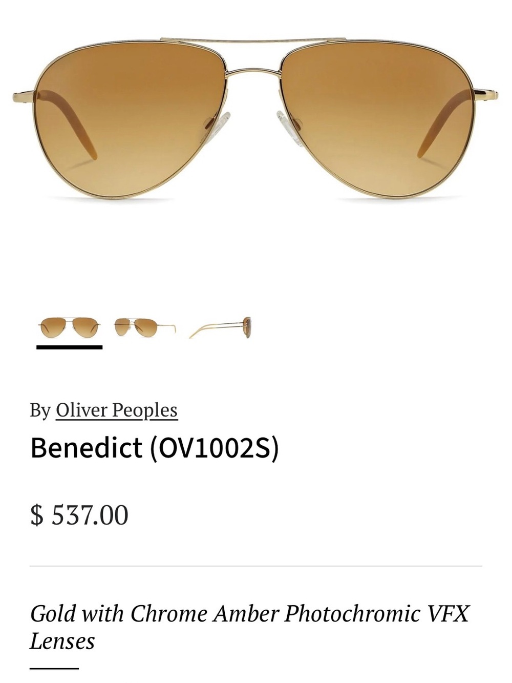 Oliver Peoples Gold Frame Sunglasses with Amber Lenses